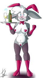 alcohol anthro armor beverage bow_tie bracers buckteeth bunny_costume clothed clothing costume embarrassed female fishnet fishnet_legwear hi_res high_heels lagomorph lechugansfw legwear leporid mammal partially_clothed pasties rabbit ruth_(lechugansfw) simple_background slightly_chubby solo teeth