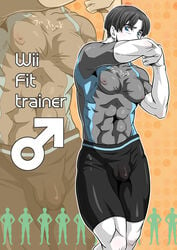 1boy abs black_hair blue_eyes blush bulge erection erection_under_clothes fit_male male_only man_boobs muscle muscular nintendo nipple_bulge nipples solo_male tight_clothing unisuke wii_fit_trainer_(male)