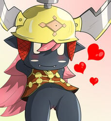 anvil_head chibi clothing cute dark_skin female final_fantasy goblin goblin_female goblin_princess heart helmet innie_pussy pantless pink_hair princess_goblin_(world_of_final_fantasy) world_of_final_fantasy