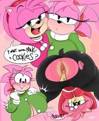 ! ? accessory amy_rose anthro anus ass bedroom_eyes bent_over big_ass big_breasts big_butt blush bodily_fluids breast_play breasts bubble_butt bulge bulge_through_clothing classic_amy_rose classic_sonic_(universe) clothing duo english_text eulipotyphlan female genitals gloves green_eyes hair half-closed_eyes handwear headband hedgehog hi_res huge_ass huge_breasts huge_butt mammal narrowed_eyes open_mouth open_sweater ota_(artist) outercourse paizuri paizuri_under_clothes pink_body pink_hair pussy seductive sega sex sonic_(series) sonic_the_hedgehog_(series) speech_bubble square_crossover sweat sweater sweatpants sweaty_butt text tongue topwear torn_clothing