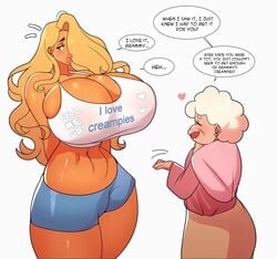 2girls babie_fluff belly_button belly_button_piercing big_breasts bimbo bimbo_lips blonde_hair blue_eyes breasts breasts_bigger_than_head bulging_breasts daphne_(babie_fluff) dialog dialogue dick_sucking_lips earrings english english_text female fully_clothed funny granddaughter grandmother grandmother_and_granddaughter hair hair_over_one_eye huge_breasts humor innocent innuendo long_hair narrow_waist navel navel_piercing oblivious old old_woman pink_lips pink_shirt plain_background speech_balloon speech_bubble speech_bubbles suggestive_shirt sweat sweatdrop tan-skinned_female tan_skin tanned_female tanned_skin thick_lips thick_thighs thighs vest wavy_hair white_background white_hair white_vest wholesome