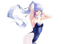 1girls armpits blue_eyes blue_hair clothed clothing female genshin_impact hiki_niito hiki_nito kamisato_ayaka legwear leotard light-skinned_female light_skin pantyhose small_breasts solo tight_clothing white_legwear