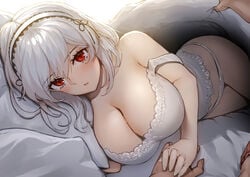 1girls azur_lane bed big_breasts breasts busty cleavage curvaceous curves deep_cleavage dress_slip female female_focus get_in_bed(meme) headband headwear holding_hand holding_hands in_bed intimate lace large_breasts light-skinned_female lingerie looking_at_viewer male_pov medium_hair nightgown panties pillow pov pov_eye_contact red_eyes short_hair silver_hair sirius_(azur_lane) thighs under_the_covers white_hair wholesome