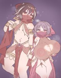 2girls black_hair breasts flat_chest harem_outfit holding_hands horns huge_breasts mouth_veil multiple_girls nipples purple_hair see-through seija_kijin short_hair steaming_body sukuna_shinmyoumaru thick_thighs thighs touhou