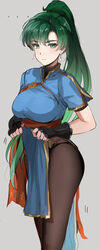 1girls absurdres asymmetrical_bangs bangs black_gloves black_legwear black_panties black_thong blue_dress blush breasts clothes_lift dress earrings female female_only fingerless_gloves fire_emblem fire_emblem:_the_blazing_blade gloves gold_trim green_eyes green_hair high_ponytail highres jewelry large_breasts lifted_by_self long_hair looking_at_viewer lyn_(fire_emblem) lyndis_(fire_emblem) nintendo ormille panties panties_under_pantyhose pantyhose pelvic_curtain pelvic_curtain_lift ponytail presenting short_sleeves solo thighs thong tights underwear