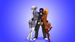 2girls1boy ass ass_grab blonde_hair blue_eyes dark-skinned_female dark_elf dark_skin elf elf_ears gal grey_hair grey_skin gyaru lloth_(supernova) masturbation penis pointy_ears supernova_(artist)