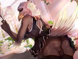 5_fingers anthro avian beak bird bottomwear breasts clothed clothing day detailed_background eyebrows eyelashes female fingers non-mammal_breasts skirt solo strigiformes