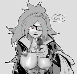 1girls baiken big_penis breasts eye_contact eyepatch female greyscale guilty_gear guilty_gear_strive gun hentaly huge_breasts lactation looking_at_viewer monochrome nipples partially_colored pistol red_eyes simple_background solo speech_bubble text upper_body