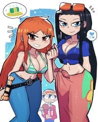 2girls background big_breasts bikini_top black_hair blue_eyes cleavage eyebrows f female female_focus large_breasts light-skinned_female light_skin looking_at_viewer male monkey_d_luffy nami navel nico_robin one_piece orange_hair post-timeskip red_eyes straw_hat thick_thighs thighs tony_welt