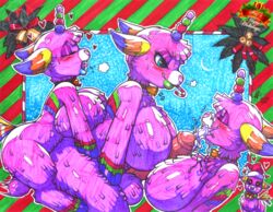 absurd_res animate_inanimate anthro bodily_fluids christmas cum cum_on_face dickgirl ejaculation female female/female futanari genital_fluids genitals group gynomorph hi_res holidays intersex intersex/female living_piñata penis piñata pink_body scp-956 scp_foundation traditional_media_(artwork) walter_sache