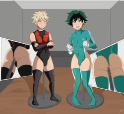 2boys anal anal_object_insertion ass blonde_hair bulge crossed_arms dariussempai712 full_body gloves green_eyes green_hair highres hypnosis izuku_midoriya katsuki_bakugou leotard male_focus male_only mind_control multiple_boys multiple_views my_hero_academia object_insertion red_eyes self_upload short_hair spiked_hair spiky_hair standing white_gloves