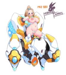 anal_insertion armor big_breasts big_nipples blue_eyes blush breasts breasts_out brown_hair female female_only functionally_nude hairclip labia looking_at_viewer mech_suit mecha mechanical_arms mukakinzero open_mouth original plump puffy_nipples pussy shaved_pussy solo thick_thighs uncensored