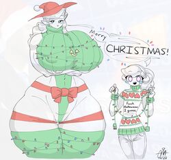 2girls allanchorsaweigh big_breasts breasts cecilia_ahni_o'riordan christmas dialogue female_focus female_only hips hourglass_figure huge_breasts large_breasts larger_female long_hair multiple_girls nipple_bulge smaller_female speech_bubble text_on_shirt thick_thighs thighs watermark wide_hips