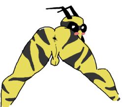 anthro anus arthropod ass backsack balls big_butt blush bro_(buffalonium) buffalonium genitals girly hymenopteran insects looking_at_viewer looking_back male mandibles markings presenting presenting_anus presenting_hindquarters simple_background simple_eyes solo wasp yellow_body