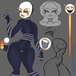 animatronic black_sclera character_sheet eyelashes female_only five_nights_at_freddy's humanoid lipstick looking_at_viewer marionette_(fnaf) model_sheet mystical_puppet navel oc original original_character pointed_feet puppet_(fnaf) robot rocksbear_(artist) teeth tongue_out