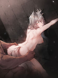 1boy absurdres against_wall animal_ears arknights armpits ass ass_grab back bangs bent_over biting_lip breasts clenched_teeth commentary commission completely_nude dark-skinned_male dark_skin dodok eyebrows_visible_through_hair female hair_between_eyes hanging_breasts highres long_hair looking_at_another looking_back lownd medium_breasts nude parted_lips projekt_red_(arknights) puddle sex silver_hair solo_focus standing standing_sex stone_wall straight sweat tail teeth wall wolf_ears wolf_girl wolf_tail yellow_eyes