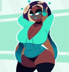 arms_behind_head arms_up big_breasts blue_lipstick busty choker clothed dark-skinned_female dark_skin hips lipstick marina_(splatoon) nintendo octoling off_the_hook_(splatoon) seductive splatoon splatoon_2 sweater tentacle_hair thesketchyside