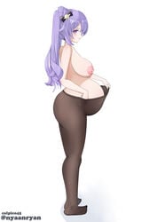 big_breasts female female_only genshin_impact hairbow keqing_(genshin_impact) lactation large_areolae lavenderpandy long_hair looking_at_viewer maternity_pantyhose nyaanryan pantyhose pantyhose_pull partially_clothed pink_eyes pregnant profile solo topless twintails