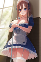 1girls against_wall apron blue_dress blue_eyes blush brown_hair cleavage corset cowboy_shot dress eyebrows_behind_hair female frilled_dress frills garter_straps go-toubun_no_hanayome hair_between_eyes hiyoku huge_breasts human indoors large_breasts legwear looking_at_viewer maid maid_headdress maid_outfit maid_uniform nakano_miku open_mouth own_hands_together short_sleeves solo stockings straight_hair thick_thighs thighhighs thighs uncensored waist_apron white_apron white_garter_straps white_legwear white_stockings zettai_ryouiki