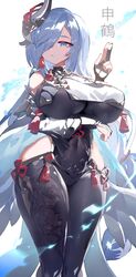 1girls big_breasts blue_hair breasts fully_clothed genshin_impact gloves huge_breasts large_breasts long_hair mamuru shenhe_(genshin_impact) solo standing thick_thighs thighs tight_clothing wide_hips