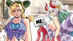 1boy 2girls big_breasts blonde_hair breasts crossover distracted_boyfriend double_bun female female_focus green_eyes green_hair hair_bun horn horns huge_breasts human jojo's_bizarre_adventure jolyne_kujo large_breasts lewdamone light-skinned_female light_skin long_hair male meme multicolored_hair multiple_girls one_piece shounen_jump sideboob stone_ocean teal_hair white_hair yamato_(one_piece)