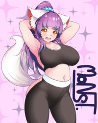 animal_ears armpit arms_behind_head arms_up assless_pants black_legwear blush cleavage cute_fang daji_(monster_strike) female female_only fox_ears fox_girl fox_tail kemonomimi long_hair looking_at_viewer monster_strike mukakinzero navel open_mouth ponytail purple_hair scrunchie shiny_skin skin_tight solo sports_bra tail thick_thighs tight_clothing yellow_eyes yoga_pants