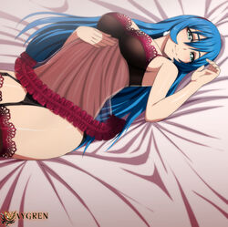 blue_eyes blue_hair cyberunique frilly frilly_clothing garter_belt hand_on_chest happy headband laying_down laying_on_back laying_on_bed lingerie logo long_hair negligee nightgown nightie panties seductive seductive_smile smile sophia_(vaygren) stockings translucent_clothing vaygren watermark