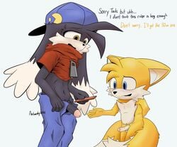 2boys 5_fingers absurd_res age_difference amber_eyes anitwenty anthro black_body black_fur black_hair blue_eyes blush comparing comparing_penis cub embarrassed fox hi_res klonoa klonoa_(series) measurements metric_units pants_down pants_pull penis penis_comparison penis_out penis_size_difference ruler shirt_lift shirt_up size_difference sonic_(series) tails yaoi yellow_body yellow_fur yellow_hair young