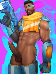 1boy abs african african_male balls ballsack baptiste beard black_hair blue-tinted_eyewear bottomless brown_eyes drawnpr0n ear_piercing earring erect_penis erection facial_hair foreskin foreskin_folds futuristic gun human intact male male_only manly masculine mature_male mostly_nude_male muscles muscular_male overwatch pantsless penis retracted_foreskin scouter scrotum smooth_skinned_male solo testicles tinted_eyewear toned_male uncut veiny_penis video_games visor weapon