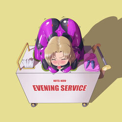 ball_gag blonde_hair blush bodysuit bondage buttplug cart closed_eyes clothing female gag in_container neon_genesis_evangelion nerv plugsuit reptileye restrained ritsuko_akagi tissue tissue_box trembling