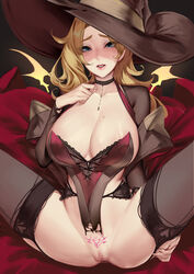 1girls blonde_hair blue_eyes breasts censored choker cianyo cleavage female_only garter_belt huge_breasts long_hair looking_at_viewer mercy more_at_source overwatch pubic_tattoo pussy sideboob solo spread_legs tattoo thighhighs torn_clothes witch witch_hat