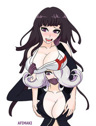 2girls afimaki apron apron_only big_breasts breast_grab breasts breasts_on_head danganronpa danganronpa_3 face_mask female_only grey_hair heavy_blush jacket kimura_seiko mostly_nude multiple_girls purple_hair straight_hair tsumiki_mikan yuri