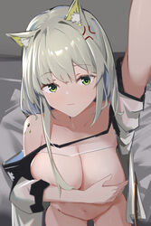 3: absurdres anger_vein animal_ear_fluff animal_ears arknights arm_up bangs bare_shoulders bed_sheet big_breasts blush breasts breasts_out cat_ears ccguai cleavage closed_mouth coat collarbone covering covering_breasts embarrassed eyebrows_visible_through_hair female from_above green_eyes grey_hair groin highres kal'tsit_(arknights) large_breasts legs long_hair long_sleeves looking_at_viewer looking_up naked naked_coat navel no_bra no_panties nude off_shoulder on_bed open_clothes open_coat oripathy_lesion_(arknights) partially_clothed shy silver_hair sitting standing taking_picture taking_selfie white_coat