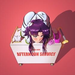 1girls blush bodysuit breasts cart clothing condom condom_box female female_only human in_container light-skinned_female light_skin long_hair misato_katsuragi neon_genesis_evangelion nerv plugsuit public_use purple_hair reptileye restrained tissue tissue_box