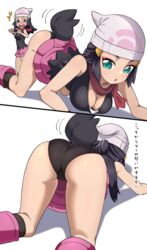 2girls all_fours ass big_ass big_butt black_socks blue_eyes blue_hair blush breasts cleft_of_venus dawn_(pokemon) female female_only hat irokohaku knee_socks kneehighs kneesocks long_hair nintendo panties pantyshot pokemon pokemon_(species) pokemon_bw pokemon_dppt socks standing tail text thick_thighs thighs translation_request underwear upskirt zorua