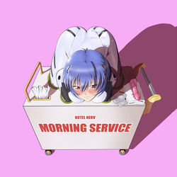 blue_hair blush bodysuit cart closed_mouth clothing condom dildo female in_container neon_genesis_evangelion nerv plugsuit rabbit_dildo red_eyes rei_ayanami reptileye restrained short_hair slq tissue tissue_box vibrator