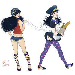 2girls ass autumn_sacura black_hair blue_shorts curly_hair female_only hat jojo's_bizarre_adventure jojolion karera_sakunami kei_nijimura lifting_skirt long_hair love_love_deluxe maid_uniform multiple_girls pink_lipstick red_lipstick red_shirt shoes short_shorts shorts shounen_jump smiling stockings thighs