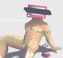 bara car censored_eyes censored_face etchasketch flaccid jones_carvey male muscular_male nude_male object_head object_ward sitting turret_heads