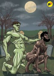 african african_male anal anal_sex bgx_comics boner cemetery dark-skinned_male dark_skin erect_penis erection frankenbro_(bgx) frankenstein's_monster full_moon gay gay_sex graveyard hairy halloween hard_on howling male male_only melanin muscles muscular muscular_male outdoors outside penis_in_ass pleasure_face precum precum_drip scar twitter_user_oc uncut veiny_penis werewolf wolfie_(bgx)