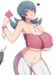 1boy 1girls alternate_breast_size areola_slip big_breasts blush breasts bulge condom dd_(artist) erection erection_under_clothes exposed_nipples female filled_condom fully_clothed gym_leader huge_breasts large_breasts nintendo no_bra pokemon pokemon_rgby red_eyes sabrina_(pokemon) sabrina_(pokemon_hgss) standing thighs underboob unzipped_pants used_condom white_background wide_hips