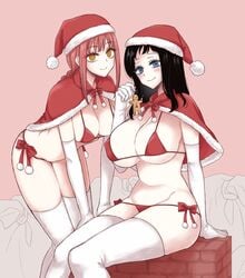 2girls alternate_costume bikini black_hair blue_eyes blush bra braid breasts brown_hair cape chainsaw_man christmas elbow_gloves female female_only gingerbread_man gloves hat hi_res highres huge_breasts large_breasts leaning_forward light_smile long_hair looking_at_viewer makima_(chainsaw_man) medium_hair mole mole_under_mouth multiple_girls orange_eyes panties pink_background pink_hair red_bikini red_bra red_cape red_panties red_ribbon ribbon ringed_eyes santa_bikini santa_claus_(chainsaw_man) santa_costume santa_hat simple_background sitting smile sou_(mgn) swimsuit thighhighs underwear white_gloves white_legwear yellow_eyes