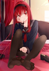 1girls feet female flat_chest foot_fetish long_hair panties red_eyes red_hair school_uniform serafuku solo tohno_akiha tsukihime type-moon