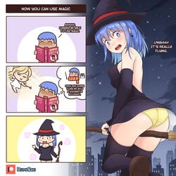 ass bare_back blue_hair blush breast_expansion breasts embarrassed fairy female gender_transformation genderswap genderswap_(mtf) male minidress mtf_transformation original panties panties_under_skirt rudy_saki thighhighs thighs transformation tsf_4-koma visible_underwear witch witch_hat yellow_panties