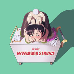 1girls blush breasts brown_hair cart clothing dildo double_dildo female gainax human in_container light-skinned_female light_skin looking_at_viewer maya_ibuki neon_genesis_evangelion nerv rabbit_ears rabbit_tail reptileye restrained short_hair tail_plug tissue tissue_box