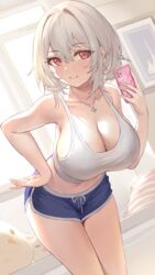 azur_lane blue_bottomwear breasts cellphone female female_focus female_only light-skinned_female looking_at_viewer necklace pdxen red_eyes short_hair sirius_(azur_lane) smiling_at_viewer solo solo_female thighs white_hair