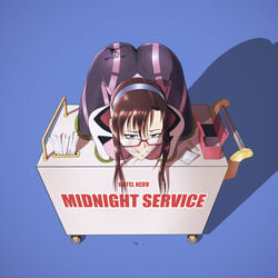 blue_eyes bodysuit bondage cart cleave_gag cloth_gag clothing condom condom_box crying female gag gagged glasses in_container mari_illustrious_makinami neon_genesis_evangelion nerv plugsuit rebuild_of_evangelion reptileye sweat tissue tissue_box