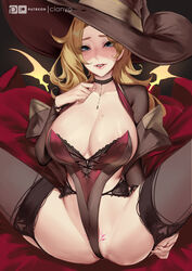 1girls blonde_hair blue_eyes breasts choker cianyo cleavage female_only garter_belt huge_breasts long_hair looking_at_viewer mercy more_at_source overwatch pubic_tattoo smile solo spread_legs tattoo thighhighs witch witch_hat