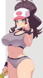 1girls 2021 alternate_breast_size belly_button blue_eyes blush breasts brown_hair cleavage female female_only grey_clothing hat hilda_(pokemon) hips huge_breasts kihaiu long_hair long_ponytail looking_at_viewer nintendo panties pokemon pokemon_bw ponytail simple_background slim_waist sports_bra sportswear thick_thighs thighs white_hat wide_hips