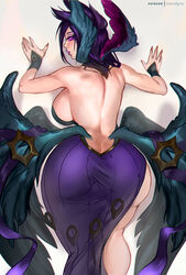 ass backboob big_ass big_butt bridal_gauntlets dress large_ass league_of_legends merellyne morgana purple_hair tagme tight_clothing tight_dress tight_fit wide_hips wings