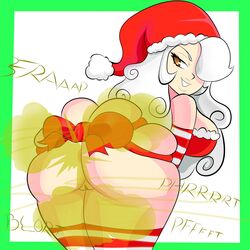 1girls asshole big_ass big_breasts big_butt bow brap brown_eyes butthole christmas fart fart_cloud fart_fetish farting green_border hair_over_one_eye looking_back oc original original_character protorepulsive red_legwear red_thighhighs repulsiveproto santa_hat smile solo_female thick_thighs vagina white_background white_hair